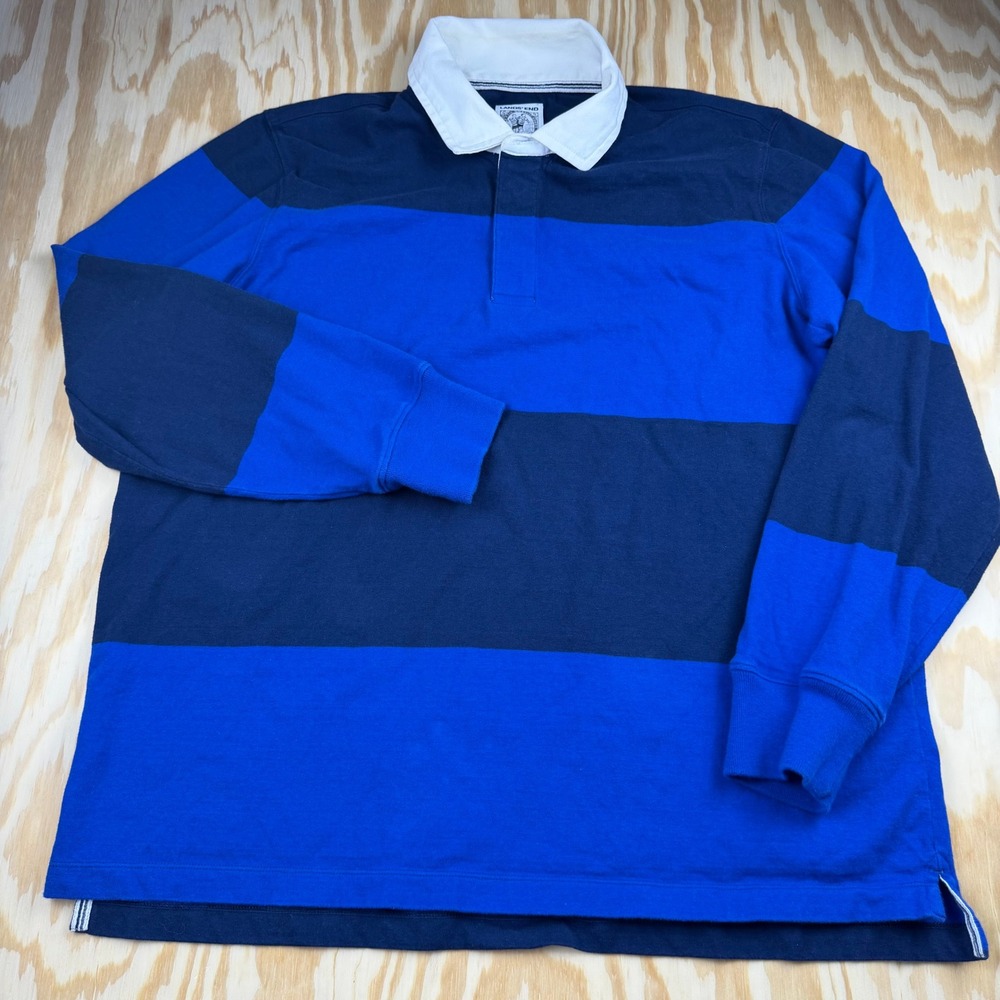 Lands End Mens XL Rugby Shirt Long Sleeve Blue Navy Striped Cotton Heavyweight